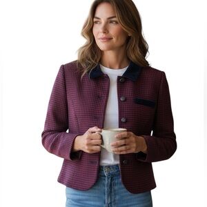 VTG Pendleton 100% Wool Blazer Burgundy & Navy Blue Houndstooth Womens Size 8 P